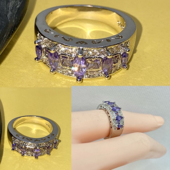 5 Marquise Stone Amethyst Sapphire 925 Silver Ring - Picture 3 of 4